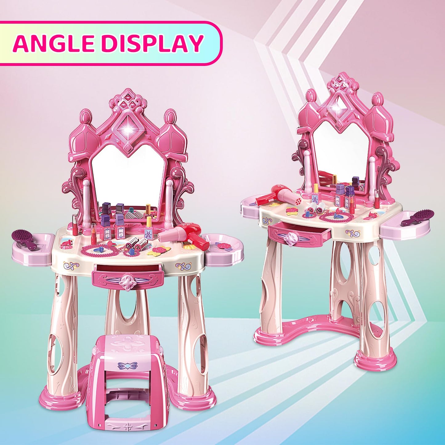 Zaddgiuuy Pretend Play Makeup Table Set with Stool — Lights & Music Vanity for Toddlers