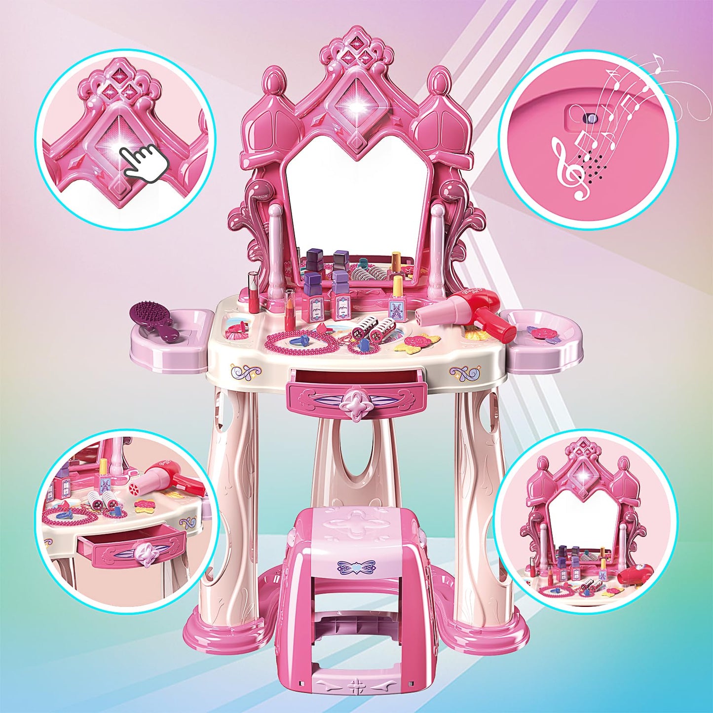 Zaddgiuuy Pretend Play Makeup Table Set with Stool — Lights & Music Vanity for Toddlers