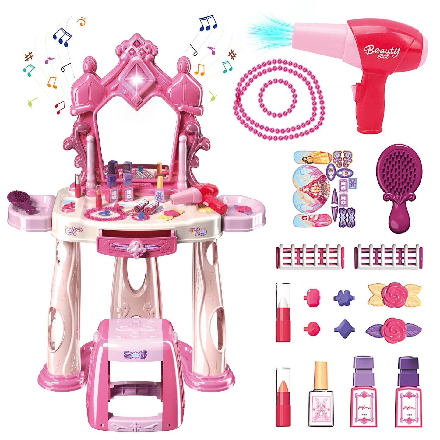Zaddgiuuy Pretend Play Makeup Table Set with Stool — Lights & Music Vanity for Toddlers