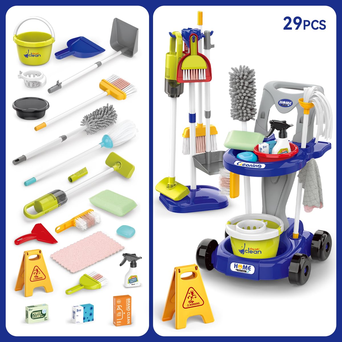 zaddgiuuy Toddler Cleaning Set – 29-Piece Pretend Play Cleaning Cart for Kids (Blue)