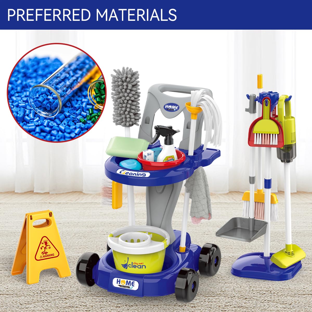 zaddgiuuy Toddler Cleaning Set – 29-Piece Pretend Play Cleaning Cart for Kids (Blue)