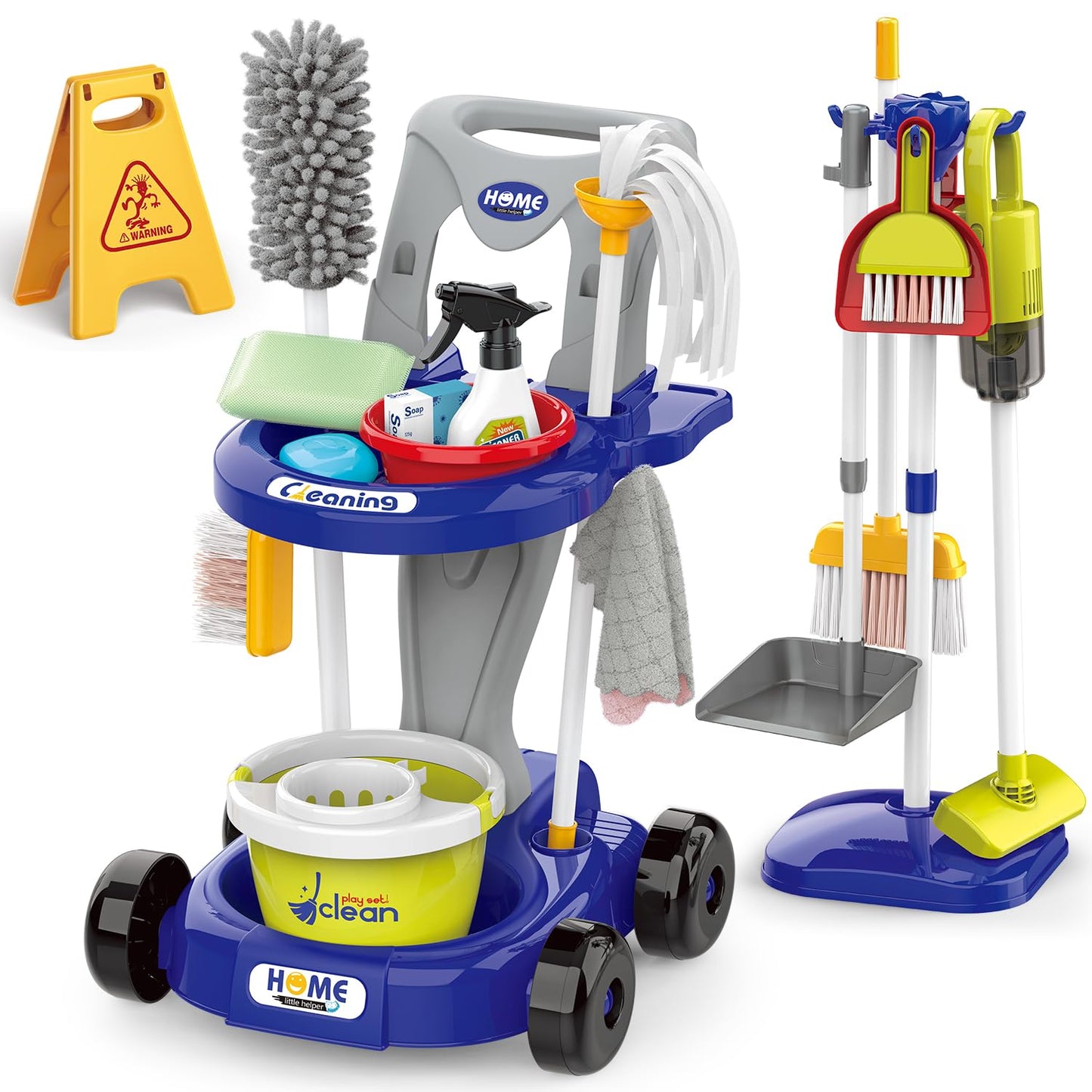 zaddgiuuy Toddler Cleaning Set – 29-Piece Pretend Play Cleaning Cart for Kids (Blue)