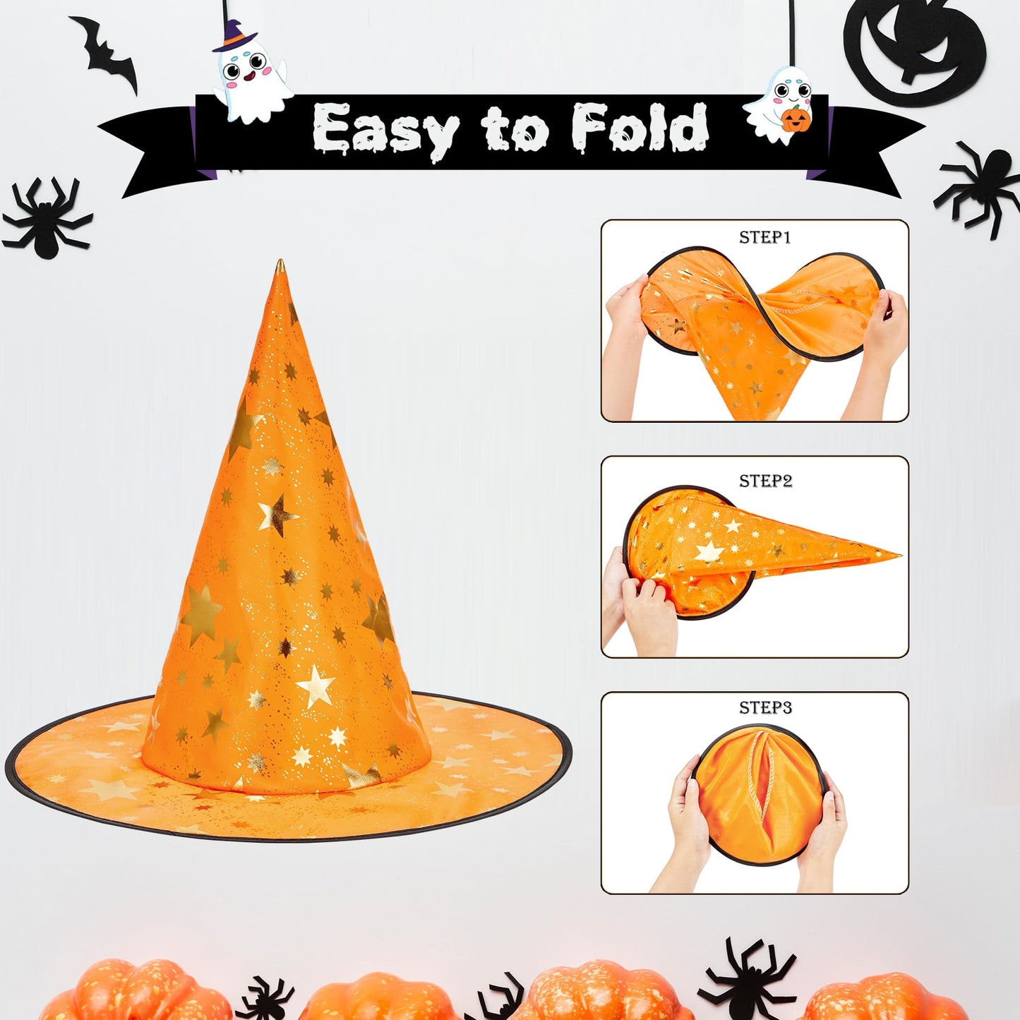 Zando Witch Hat - Purple & Orange Star Motif, One Size for Kids, Teens & Adults | Halloween Cosplay