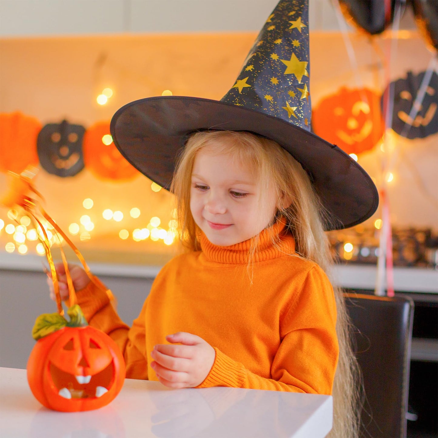 Zando Witch Hat - Purple & Orange Star Motif, One Size for Kids, Teens & Adults | Halloween Cosplay