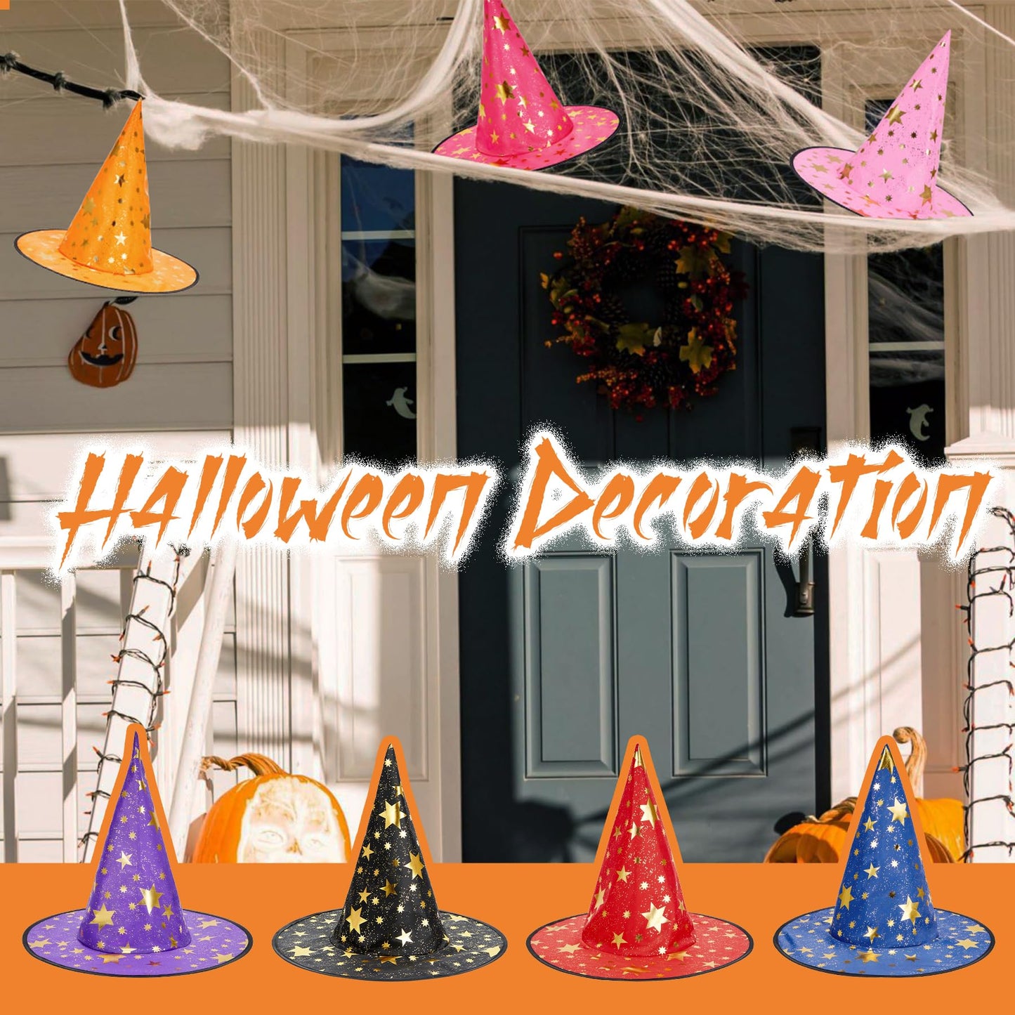 Zando Witch Hat - Purple & Orange Star Motif, One Size for Kids, Teens & Adults | Halloween Cosplay