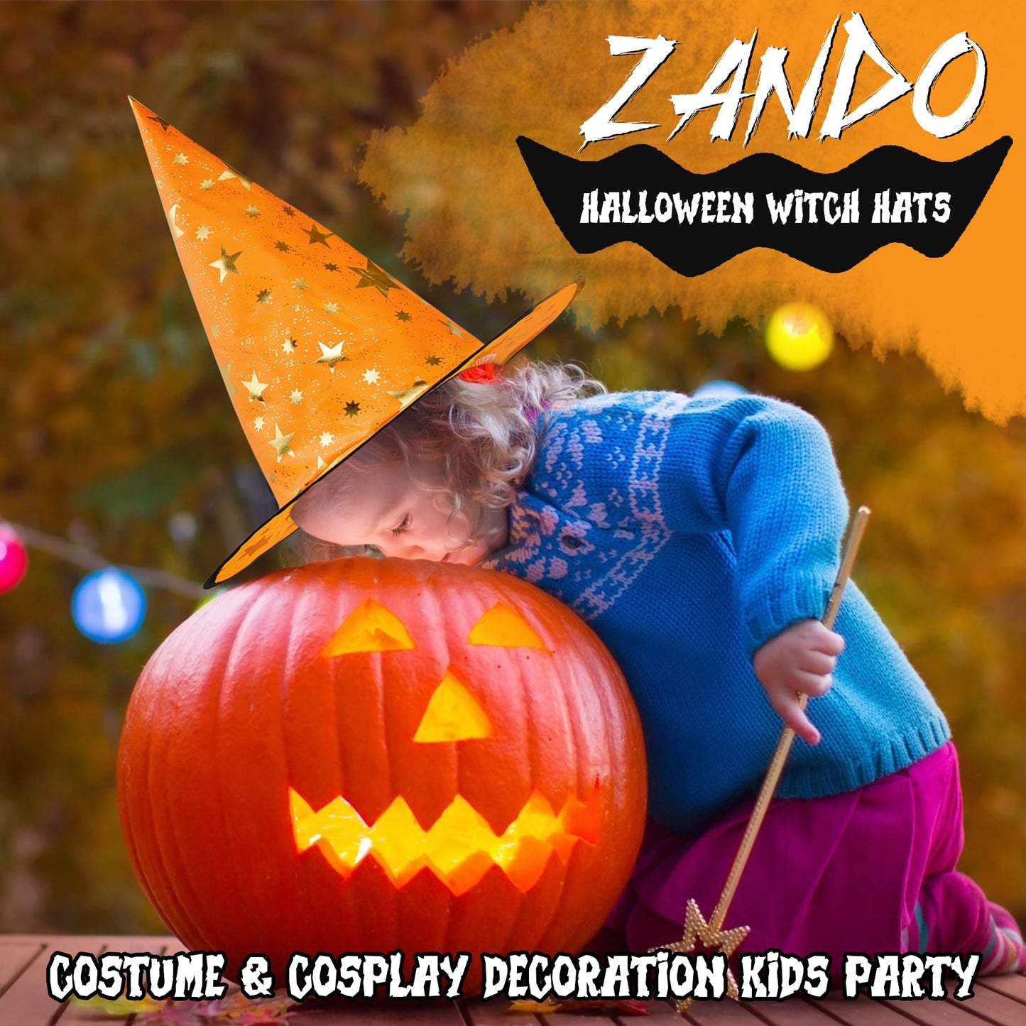 Zando Witch Hat - Purple & Orange Star Motif, One Size for Kids, Teens & Adults | Halloween Cosplay