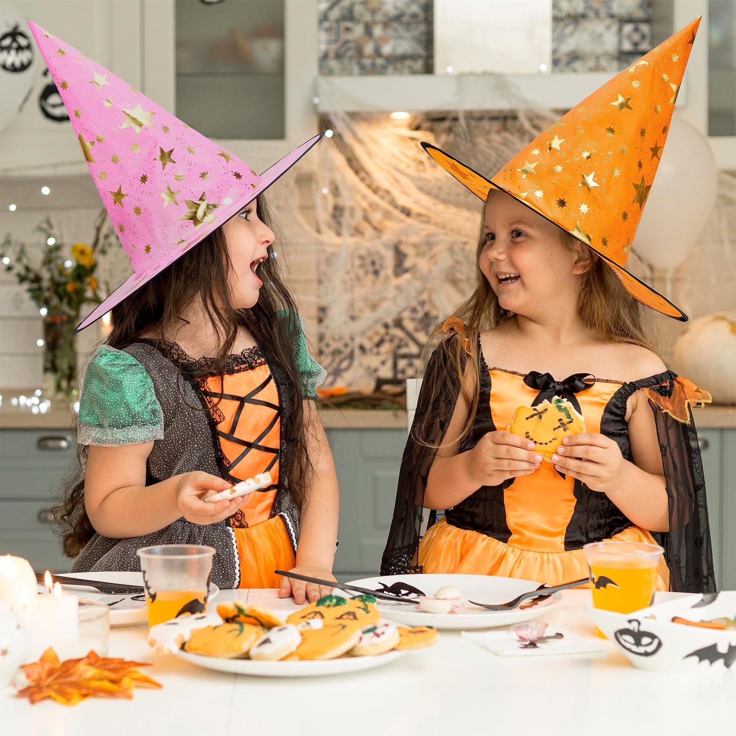 Zando Witch Hat - Purple & Orange Star Motif, One Size for Kids, Teens & Adults | Halloween Cosplay