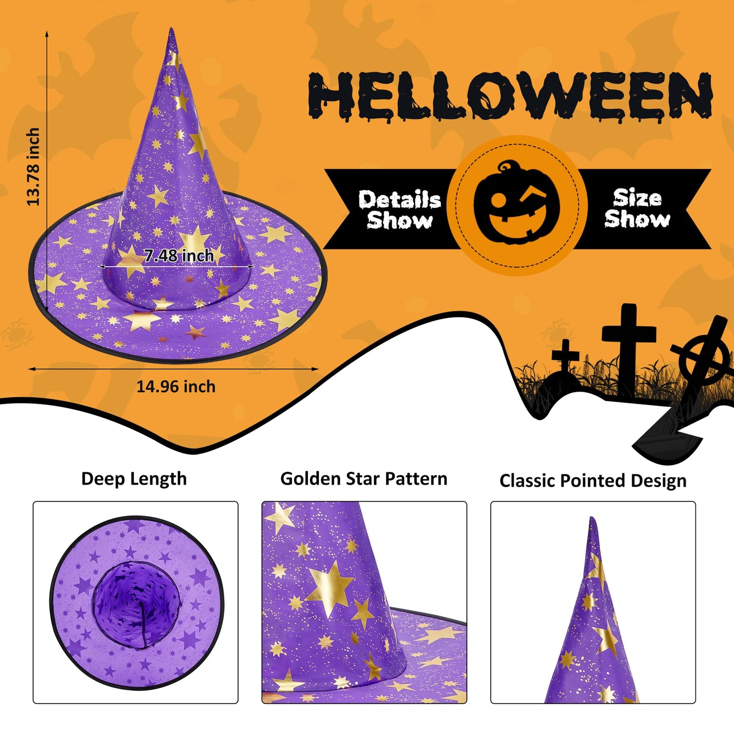 Zando Witch Hat - Purple & Orange Star Motif, One Size for Kids, Teens & Adults | Halloween Cosplay