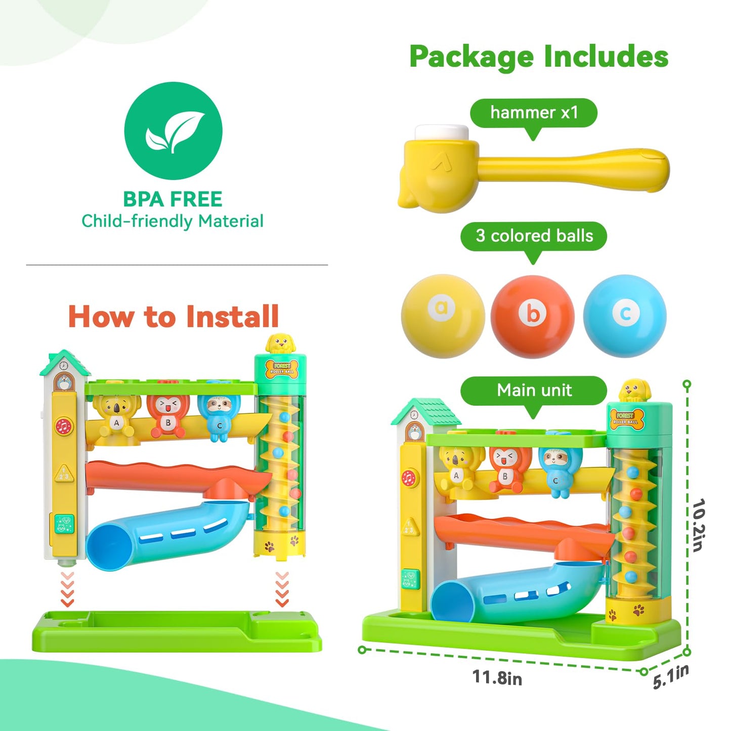 Zardali Musical Pound & Ball Toy for 1 Year Olds – Color Match, Animals, Numbers 1-10, 10 Songs