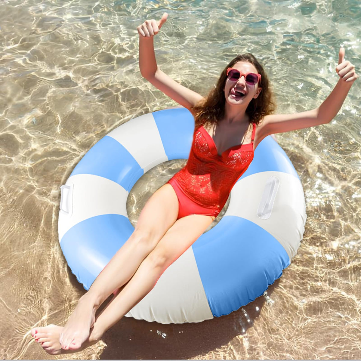 Zaruatu 2 Pcs Classic Striped Pool Floats with Handles – 36-Inch Blue & White Tubes for Adults