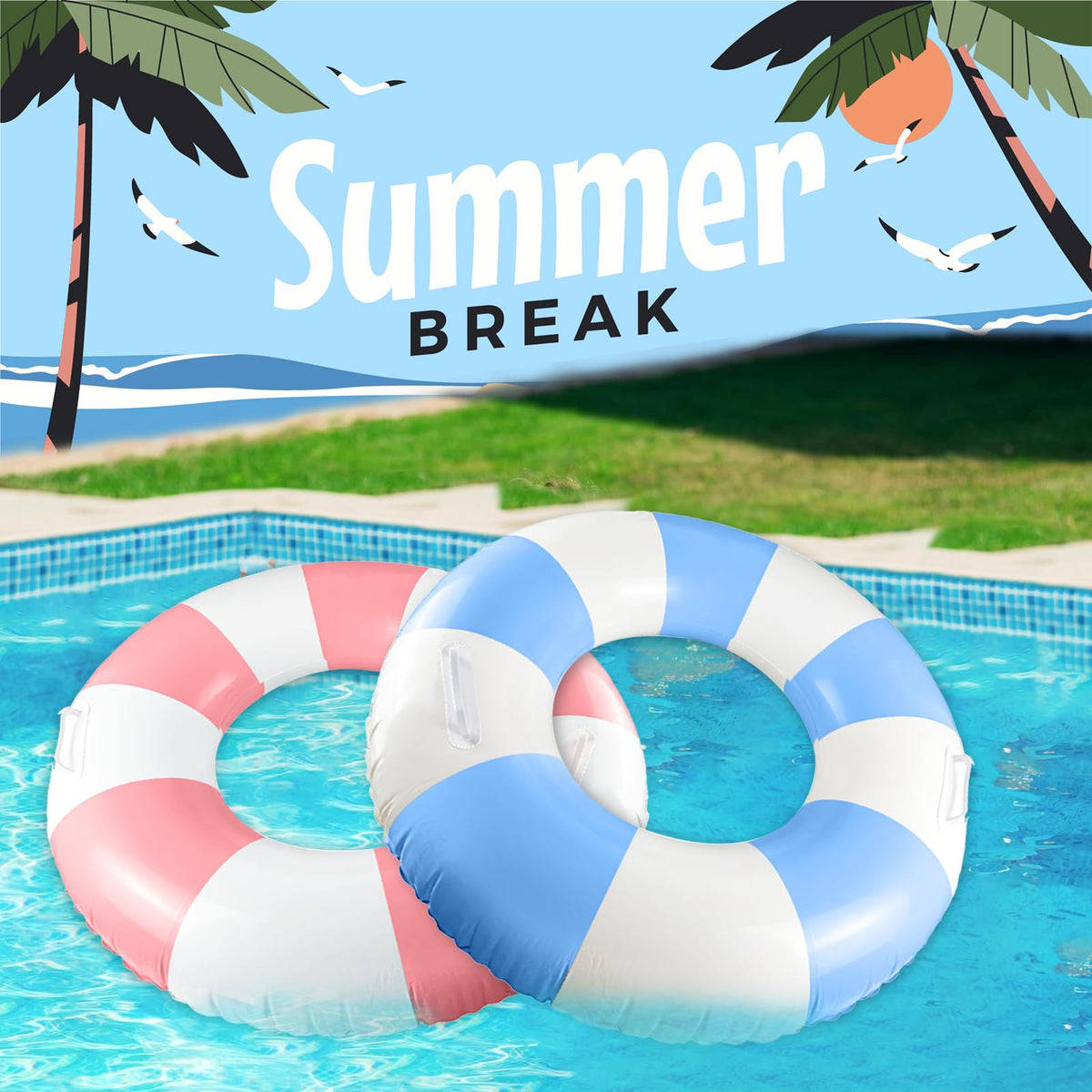 Zaruatu 2 Pcs Classic Striped Pool Floats with Handles – 36-Inch Blue & White Tubes for Adults