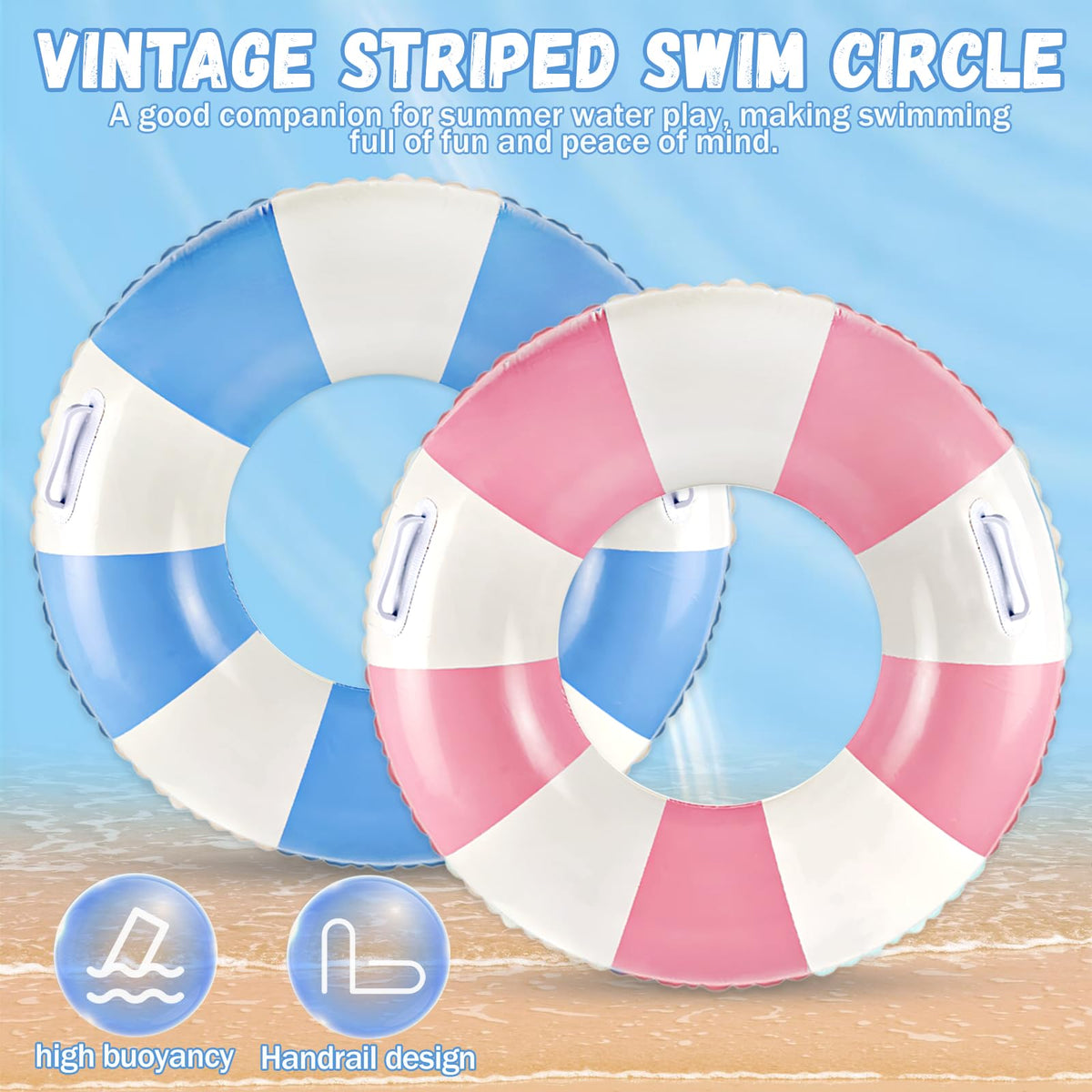 Zaruatu 2 Pcs Classic Striped Pool Floats with Handles – 36-Inch Blue & White Tubes for Adults