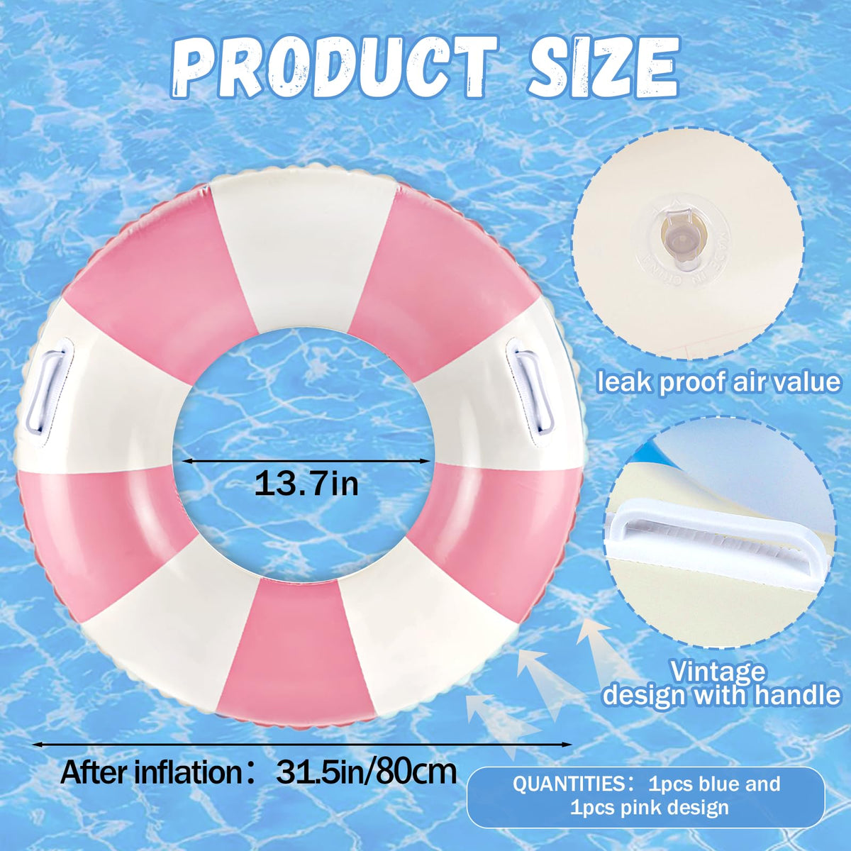 Zaruatu 2 Pcs Classic Striped Pool Floats with Handles – 36-Inch Blue & White Tubes for Adults
