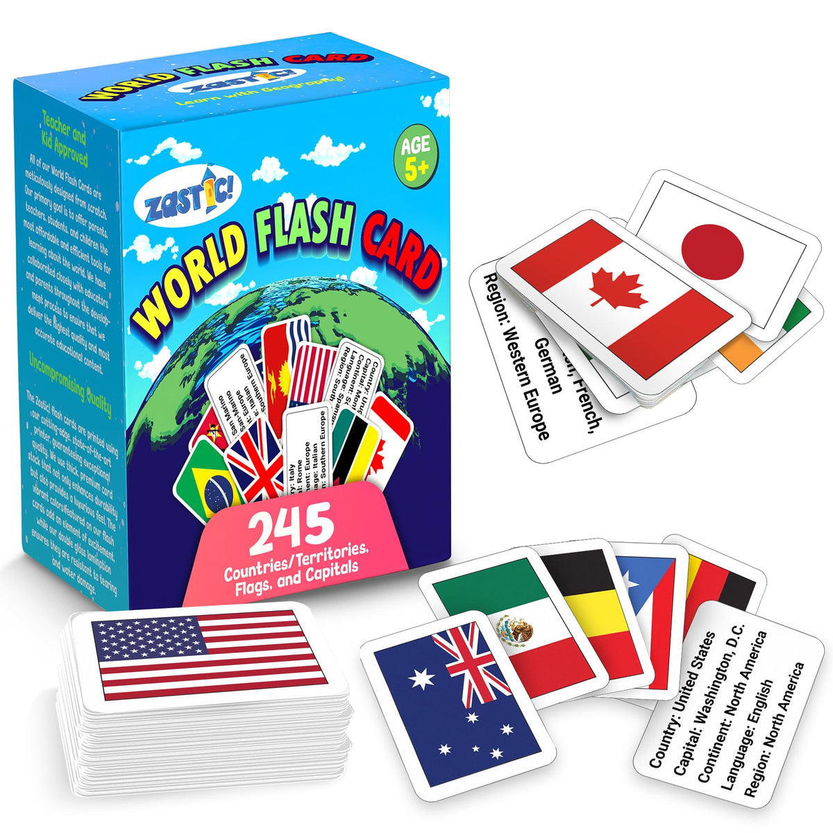 Zastic! World Flags Flashcards – 245 Countries, Capitals, Languages & Continents | Gloss Laminated