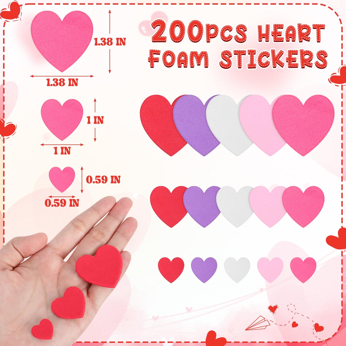 ZATAYE 200 PCS Foam Valentine Stickers - Matte Heart Self-Adhesive Decor