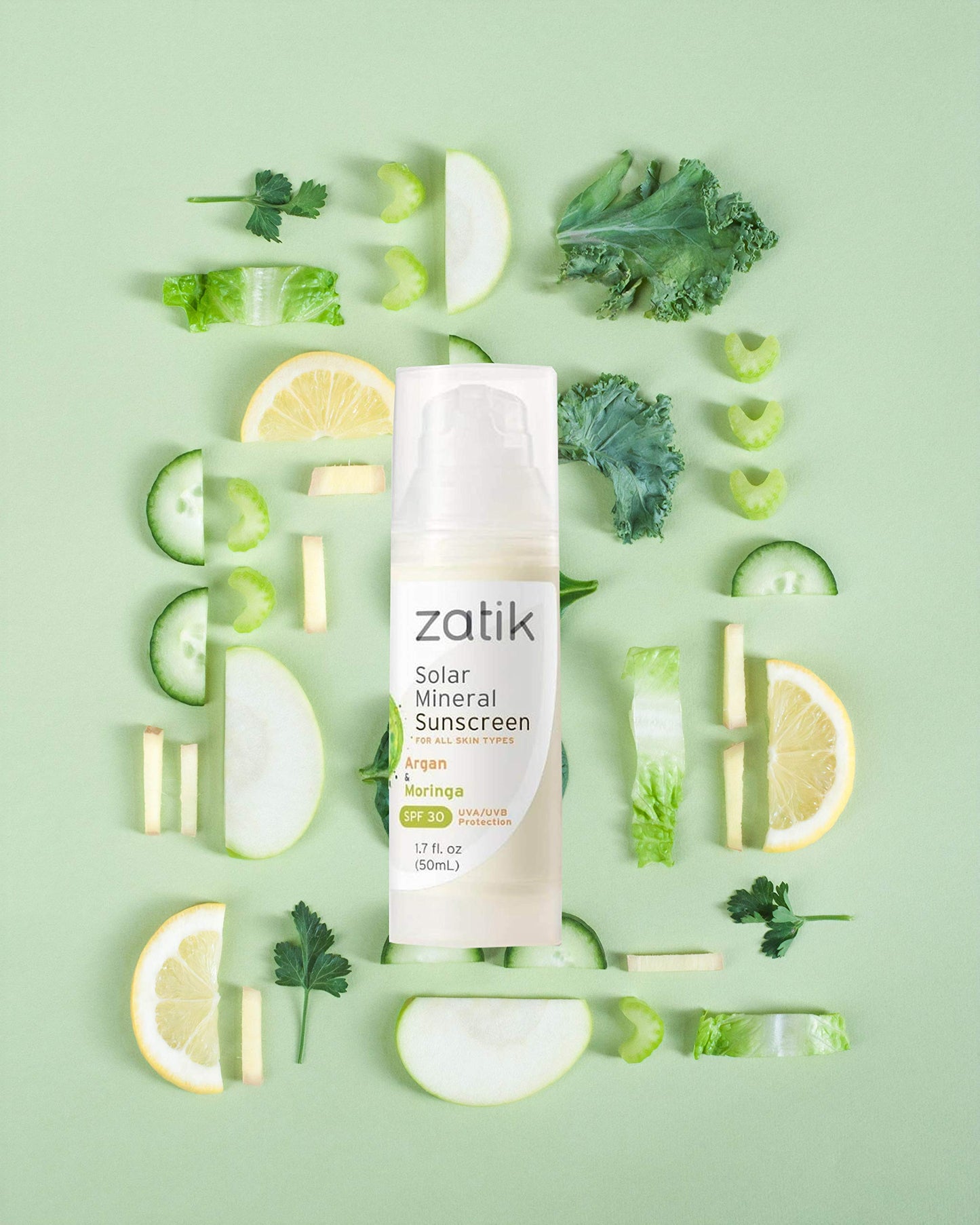 Zatik Naturals Solar Mineral Sunscreen with Argan & Moringa — SPF 30, Vegan, pH Balanced (1.7 oz / 50 ml)