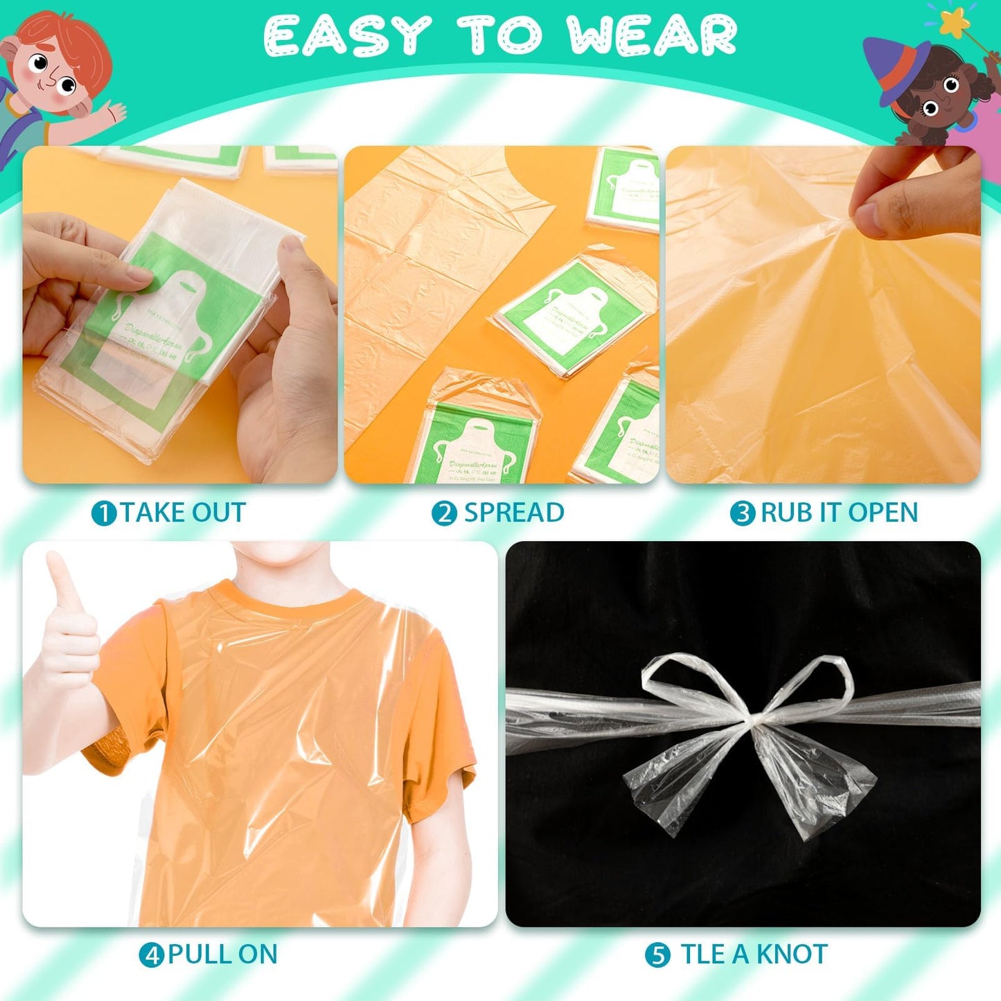 ZAUGONTW 100 Pcs Kids Disposable Aprons – Clear Waterproof Smocks (Ages 4–12)