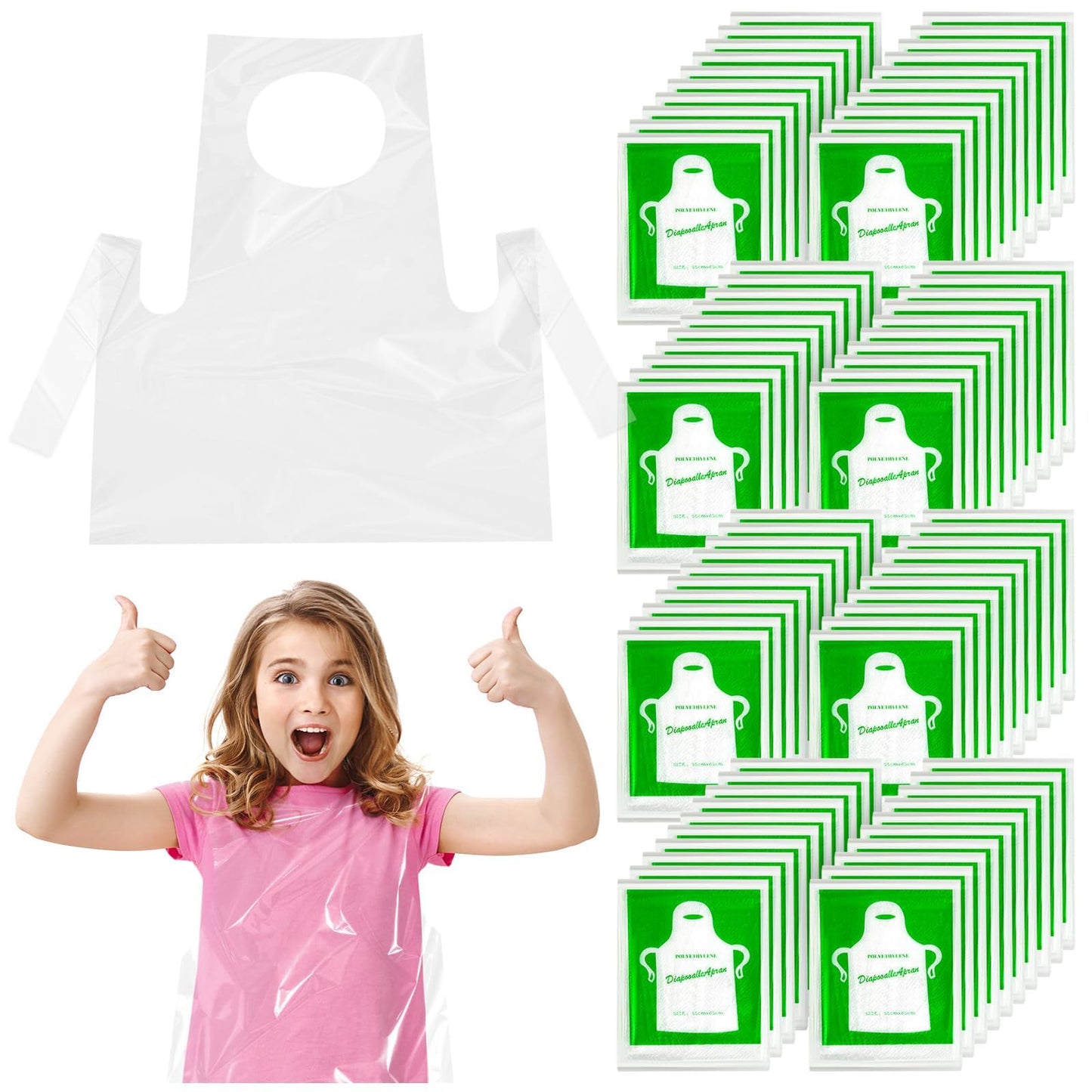 ZAUGONTW 100 Pcs Kids Disposable Aprons – Clear Waterproof Smocks (Ages 4–12)