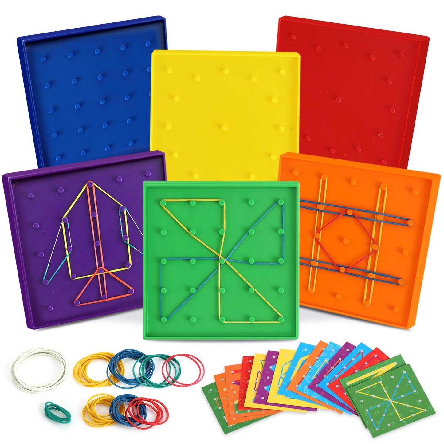 ZaxiDeel 6-Pack Double-Sided Geoboard — 5x5 Inch Educational STEM Toy with Rubber Bands & Pattern Cards