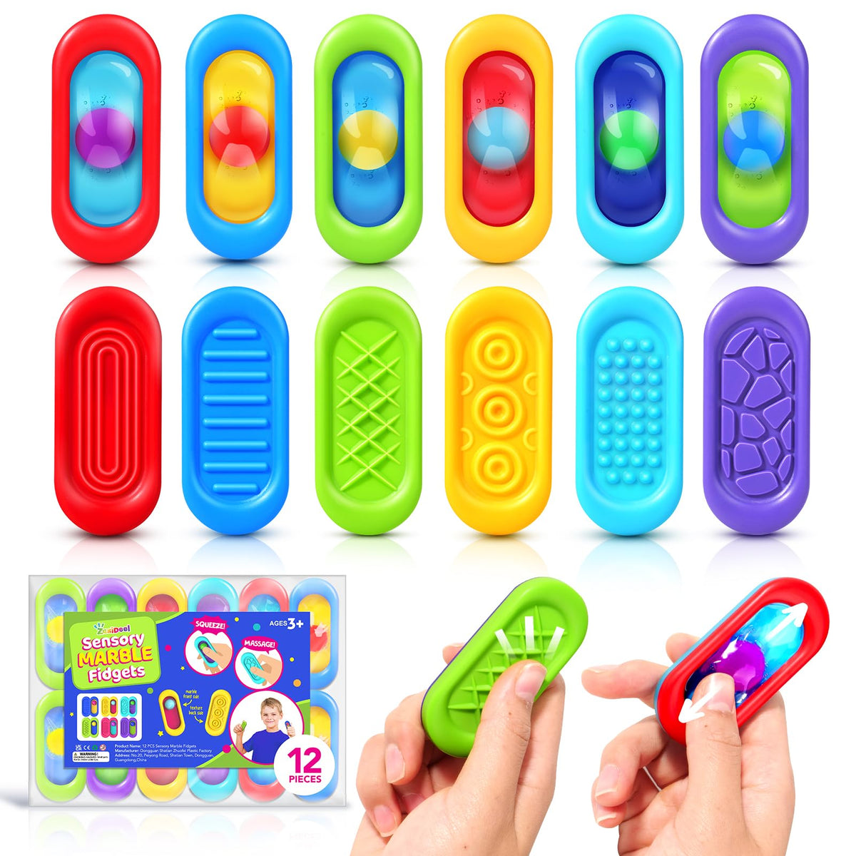 ZaxiDeel Sensory Marble Fidget — 12 Pcs Gel-Filled, Quiet & Calming