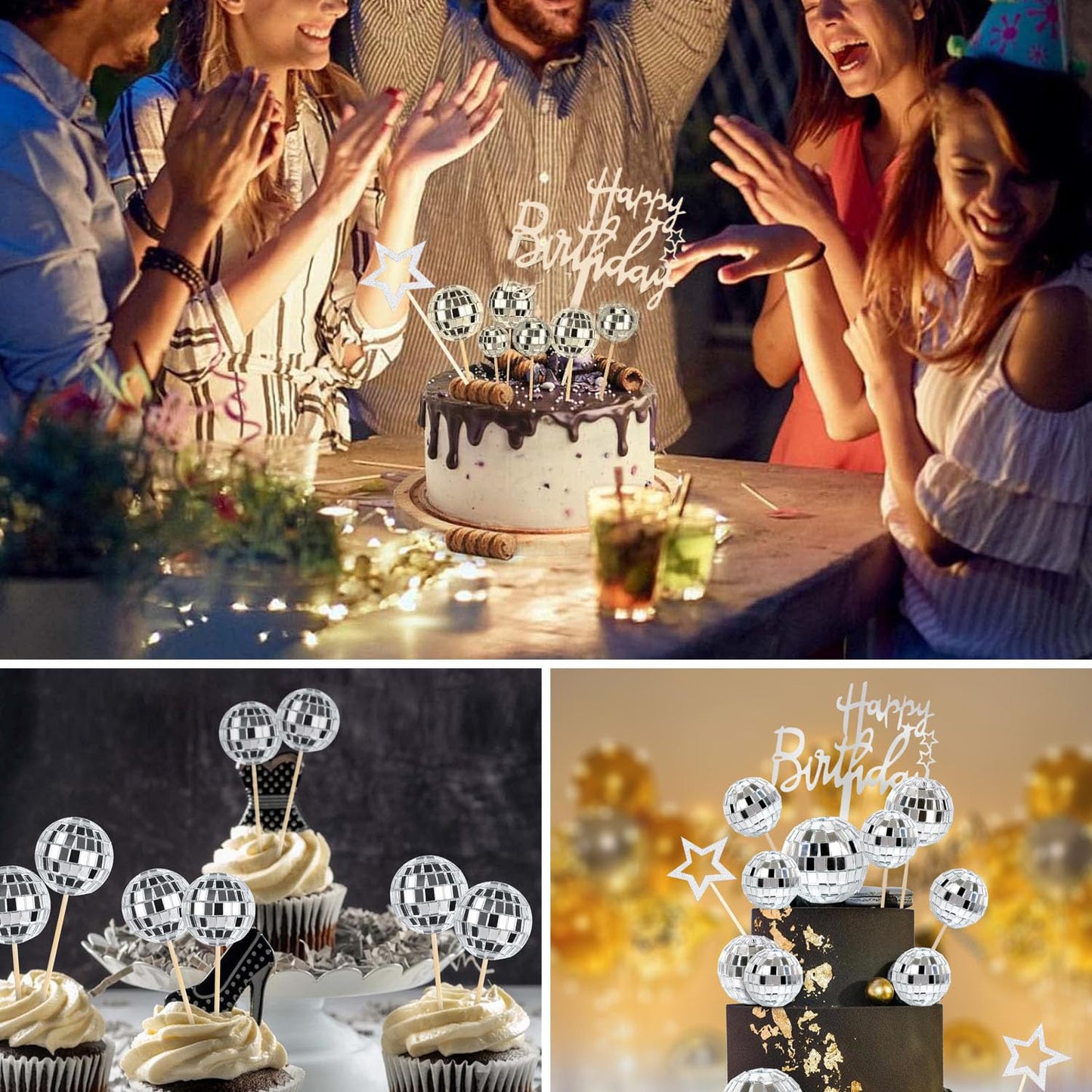 Zaycca 36 Pcs Disco Ball Cake Toppers – 70s Retro Party Decorations & Mirror Ball Picks