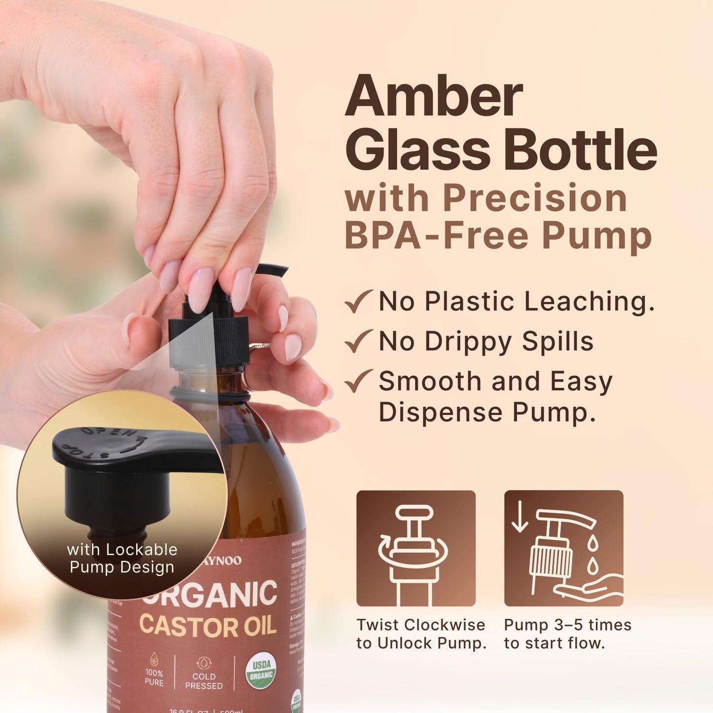 Zaynoo Organic Castor Oil 16.9 oz – Cold Pressed, Hexane Free, USDA Certified, Glass Bottle with BPA-Free Pump