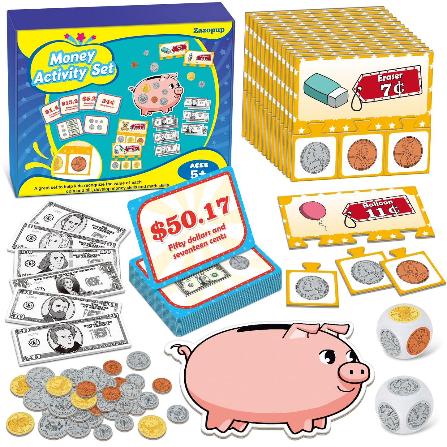Zazopup Pretend Money Set for Kids — Learning Coins, Bills & Math Games