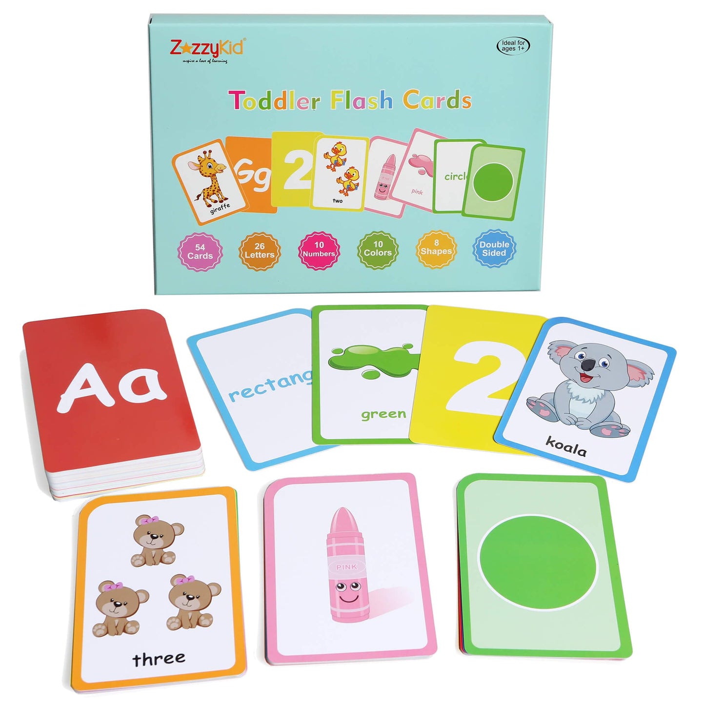 ZazzyKid Flash Cards for Toddlers Learning | 54 Double-Sided Alphabet, Numbers, Colors & Shapes