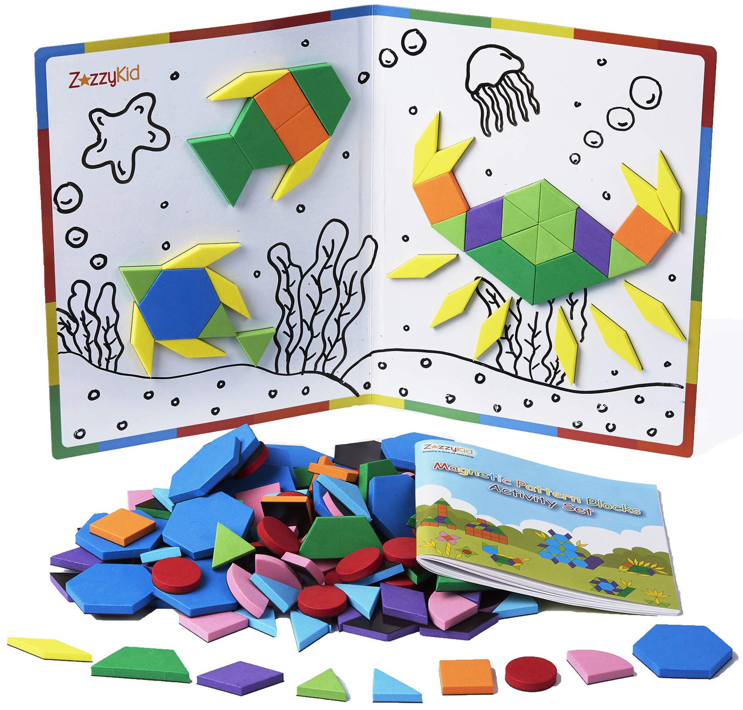 ZazzyKid Magnetic Pattern Blocks Set 216 Pcs Geometric Puzzles for STEM