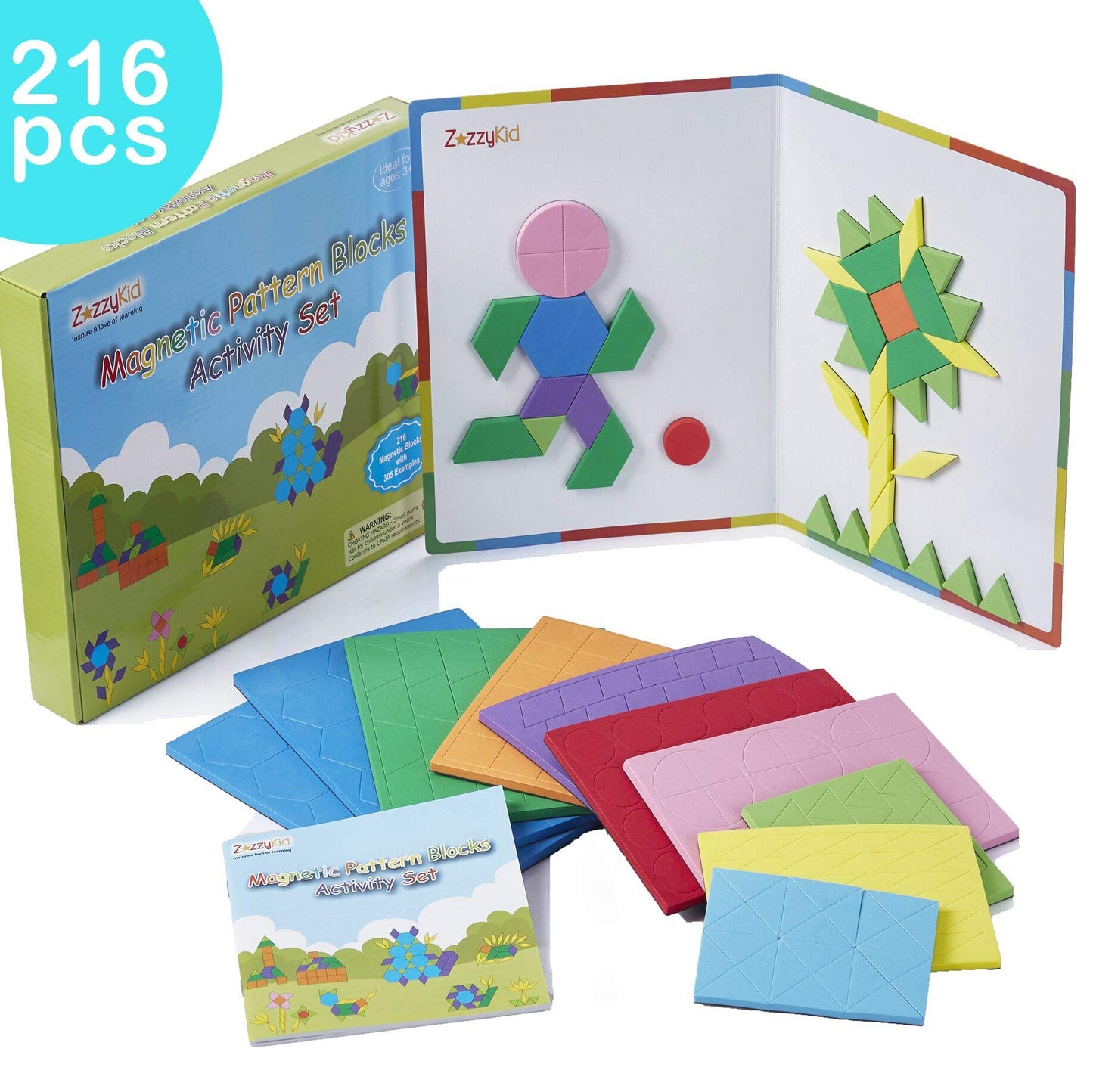 ZazzyKid Magnetic Pattern Blocks Set 216 Pcs Geometric Puzzles for STEM