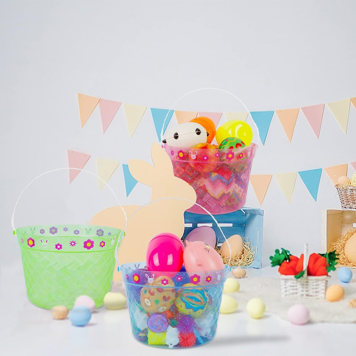 Zcaukya Easter Buckets - 3-Pack Clear Plastic Baskets with Handles (Green/Blue/Pink)