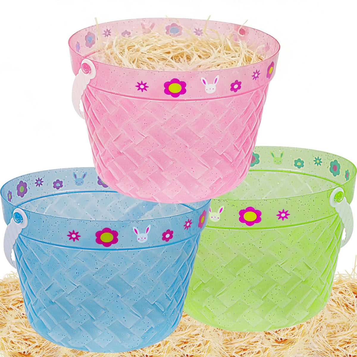 Zcaukya Easter Buckets - 3-Pack Clear Plastic Baskets with Handles (Green/Blue/Pink)