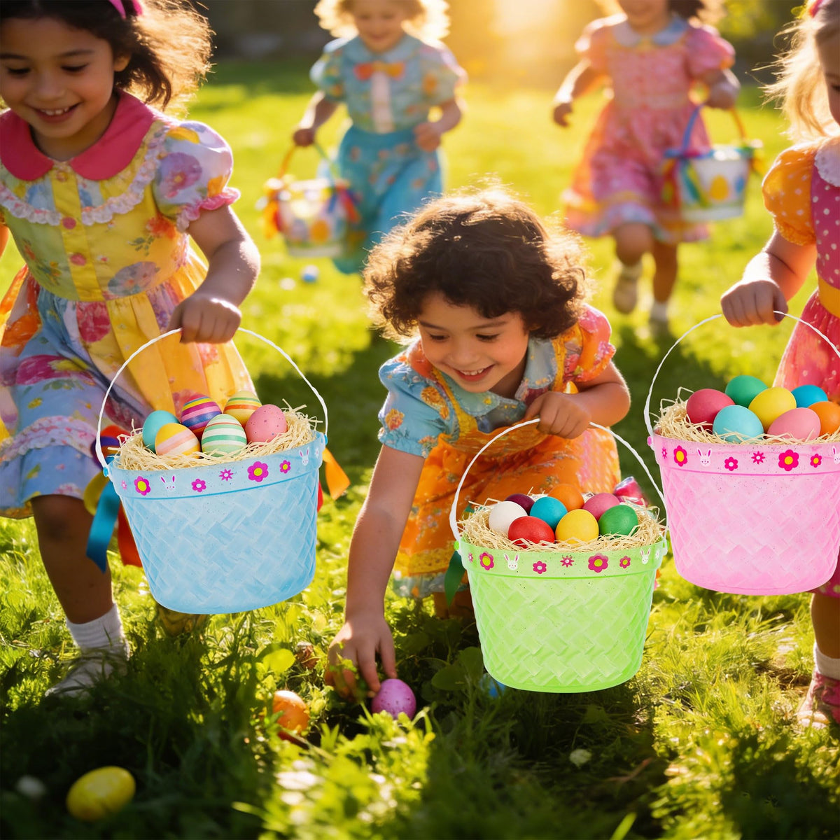 Zcaukya Easter Buckets - 3-Pack Clear Plastic Baskets with Handles (Green/Blue/Pink)