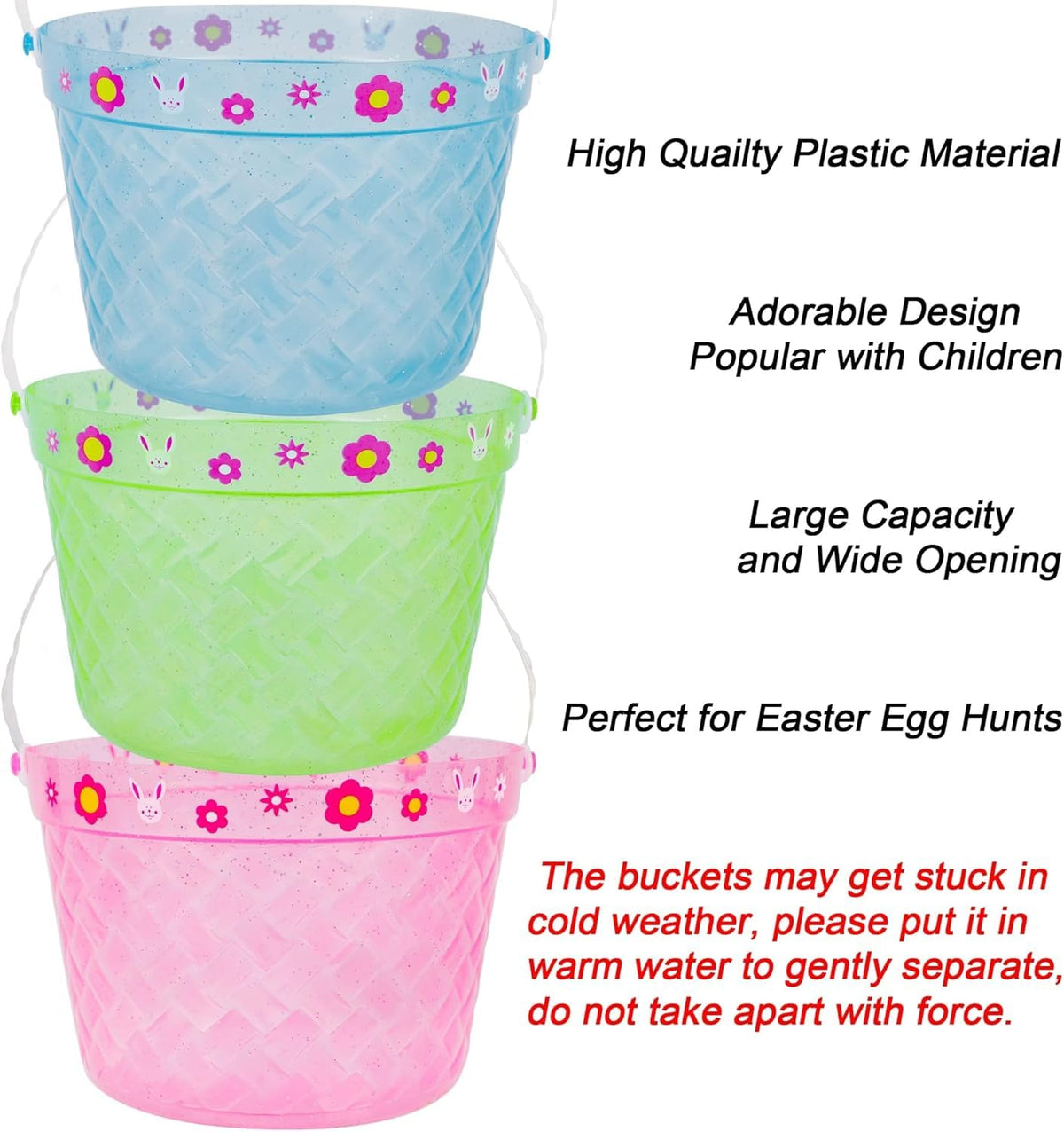 Zcaukya Easter Buckets - 3-Pack Clear Plastic Baskets with Handles (Green/Blue/Pink)