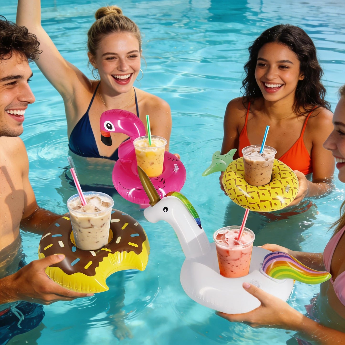 Zcaukya 12 Pack Inflatable Floating Drinking Holders - Pool Party Drink Floats & Cup Coasters
