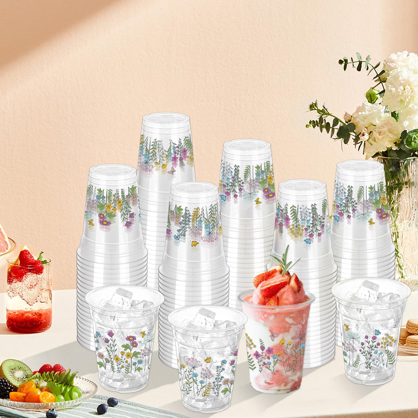 ZCPTZ 100 Pcs Wildflower 12oz Floral Plastic Cups – Vintage Floral Party Cups