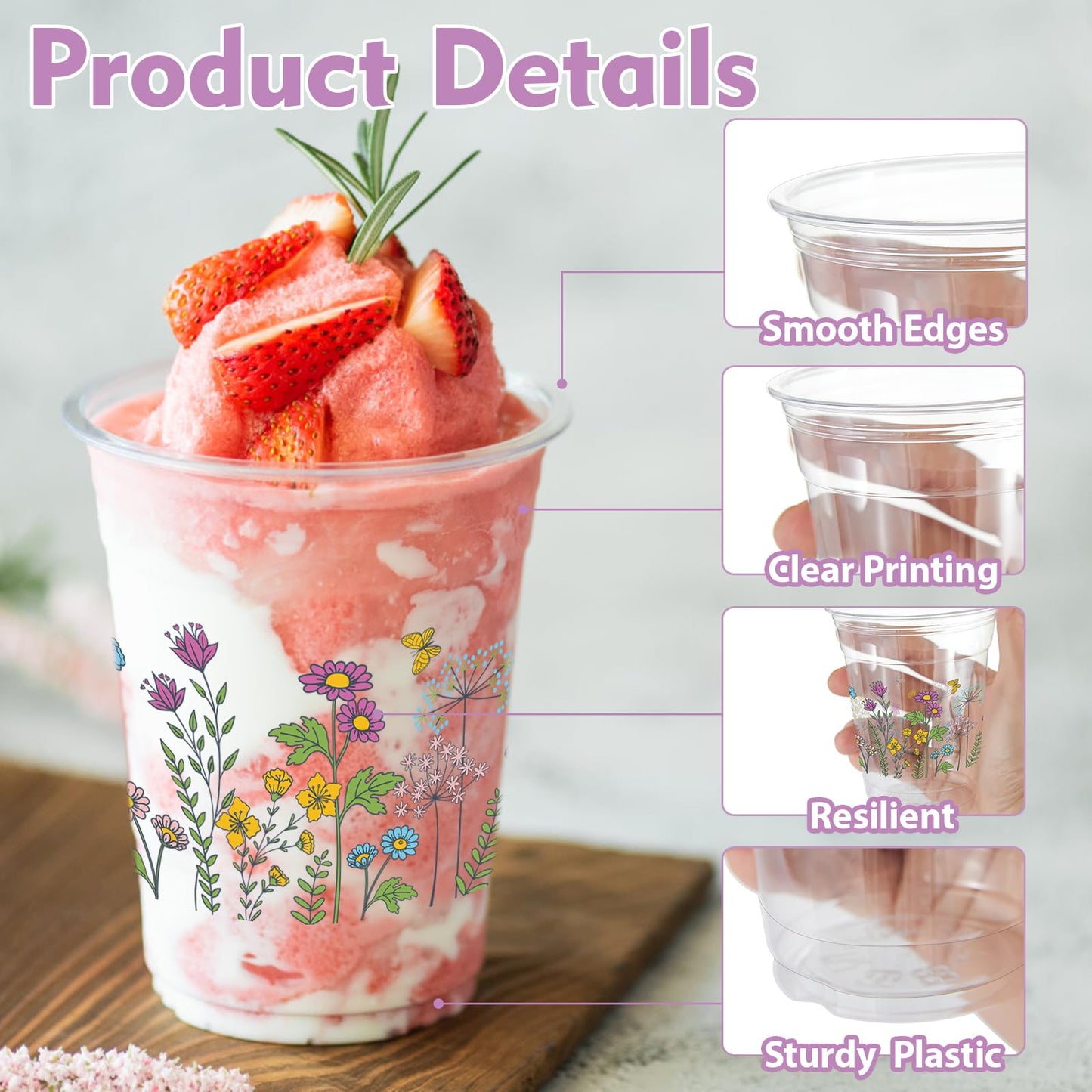ZCPTZ 100 Pcs Wildflower 12oz Floral Plastic Cups – Vintage Floral Party Cups