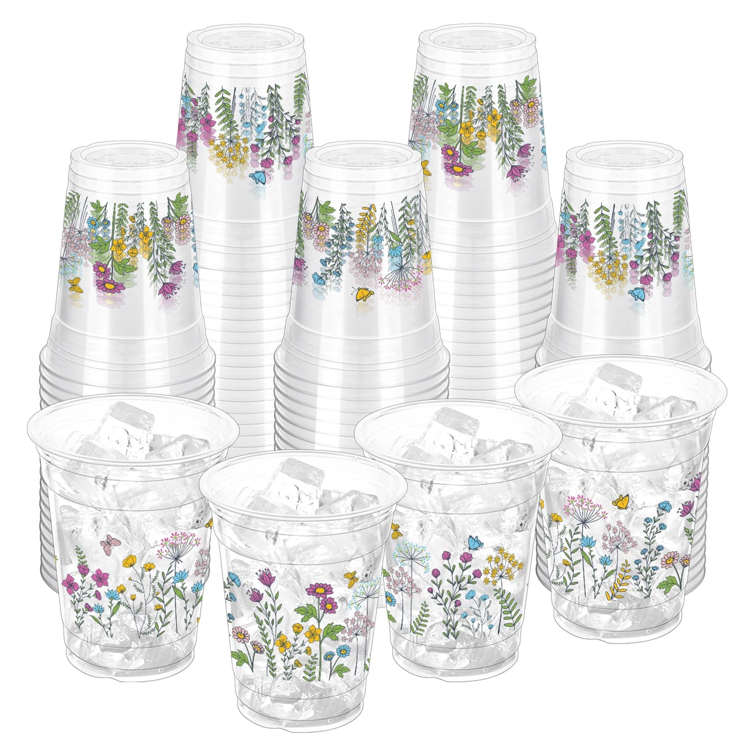 ZCPTZ 100 Pcs Wildflower 12oz Floral Plastic Cups – Vintage Floral Party Cups
