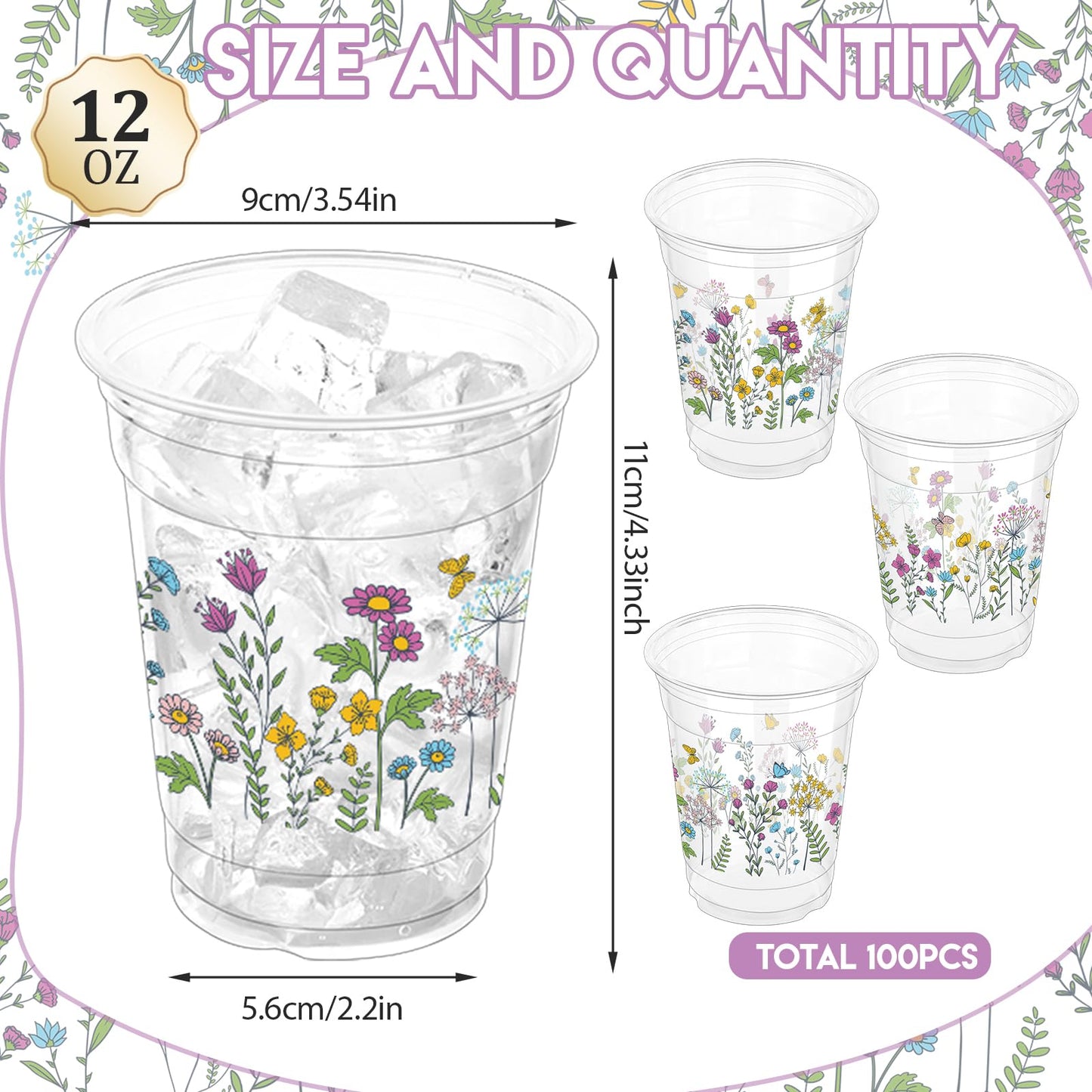 ZCPTZ 100 Pcs Wildflower 12oz Floral Plastic Cups – Vintage Floral Party Cups