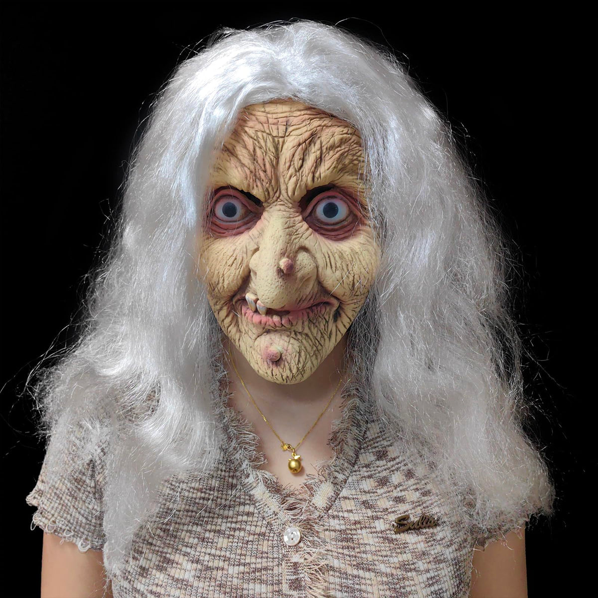 ZDOVLZZPON Old Lady Witch Mask with White Hair - Halloween Costume & Masquerade