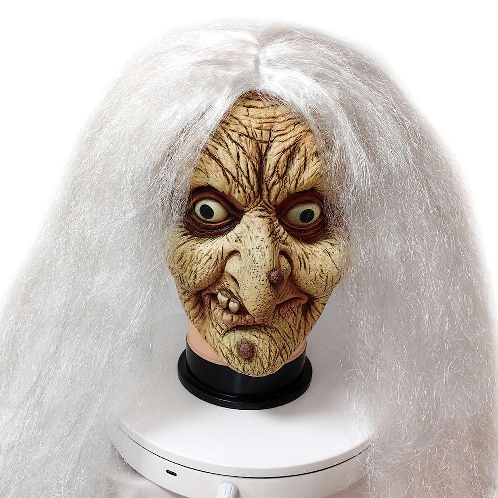 ZDOVLZZPON Old Lady Witch Mask with White Hair - Halloween Costume & Masquerade