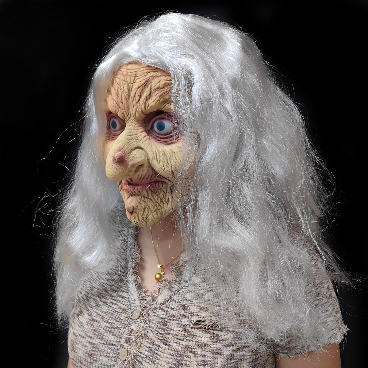 ZDOVLZZPON Old Lady Witch Mask with White Hair - Halloween Costume & Masquerade
