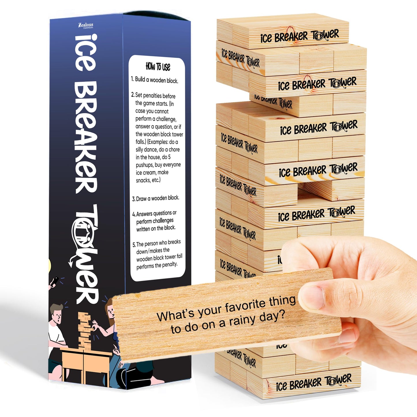 Ice Breaker Tower by Zealous Nutrition — Classic Hardwood Stacking Game (54 Prompts)