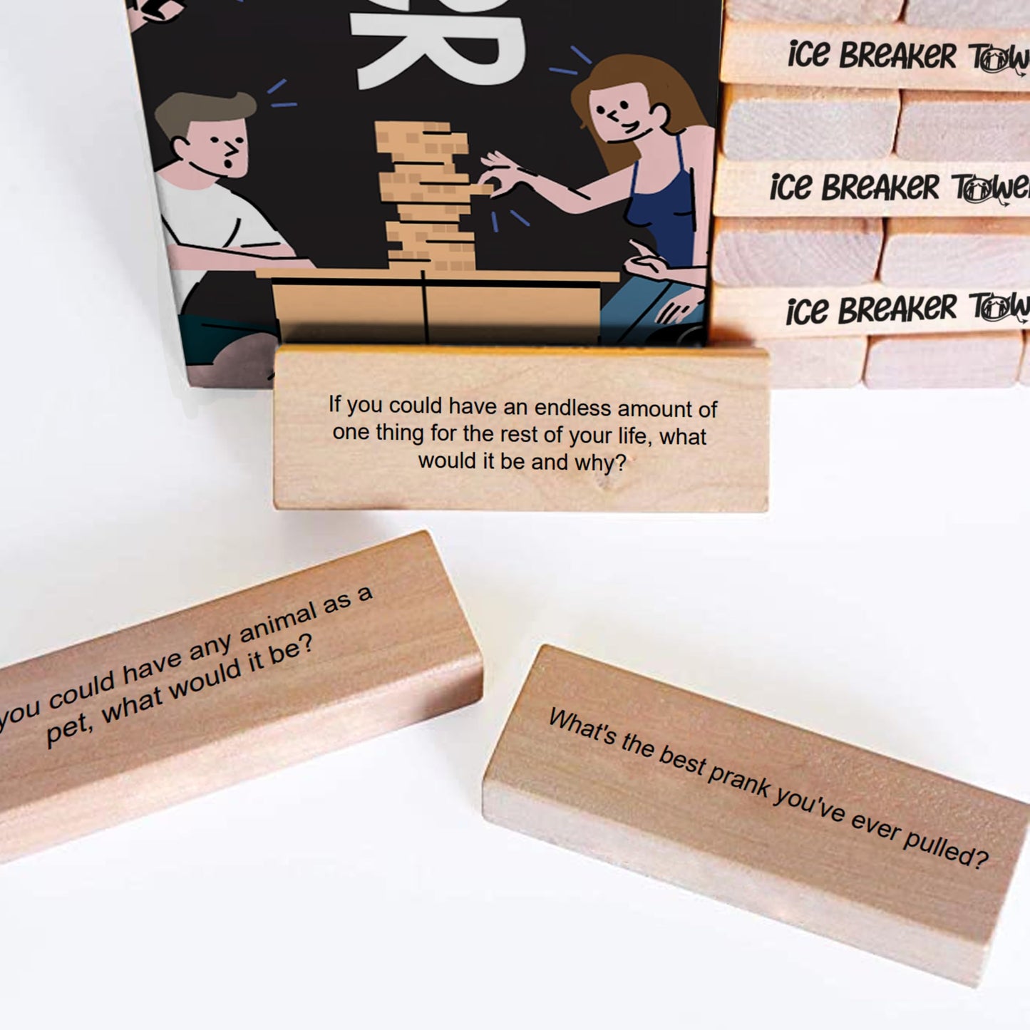 Ice Breaker Tower by Zealous Nutrition — Classic Hardwood Stacking Game (54 Prompts)