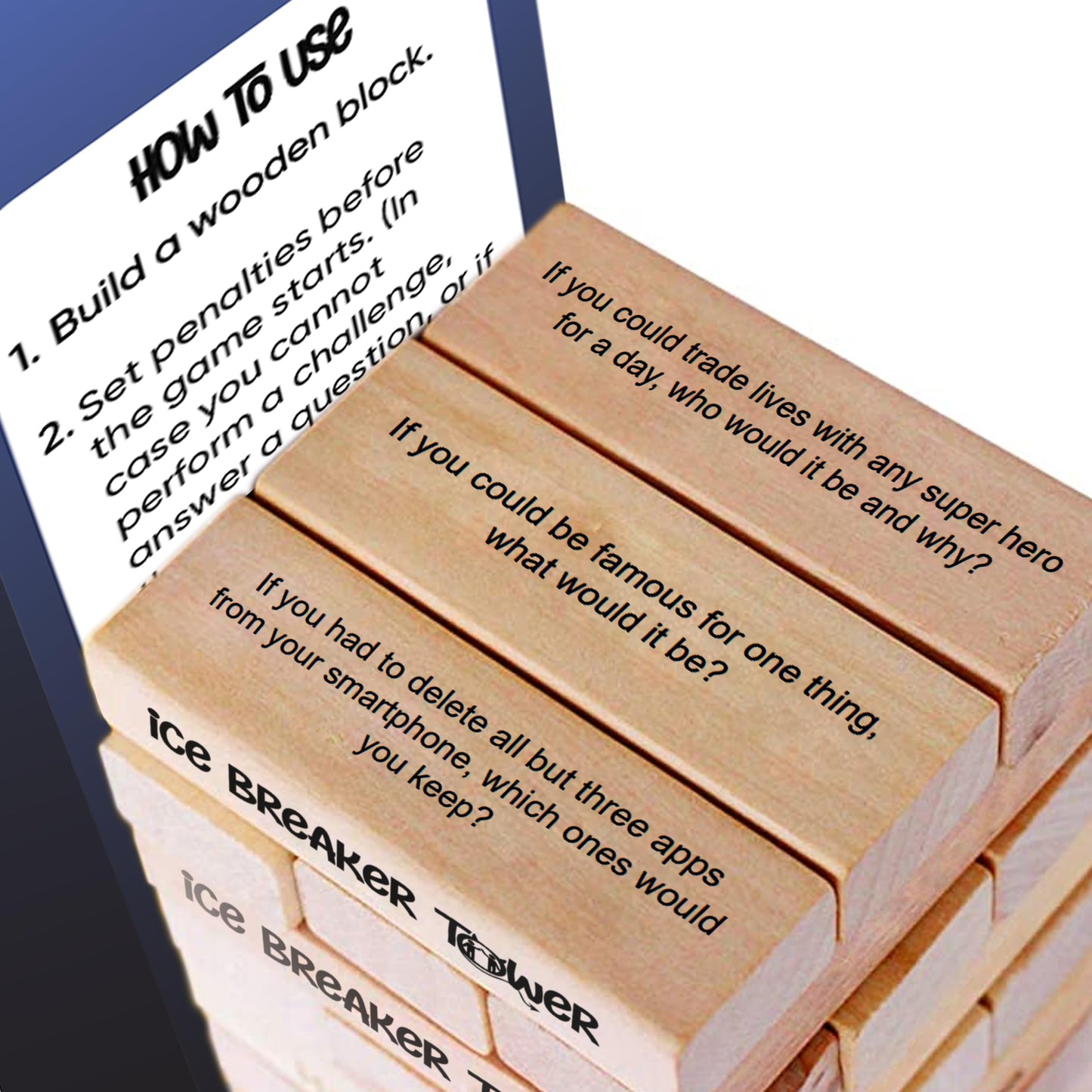 Ice Breaker Tower by Zealous Nutrition — Classic Hardwood Stacking Game (54 Prompts)