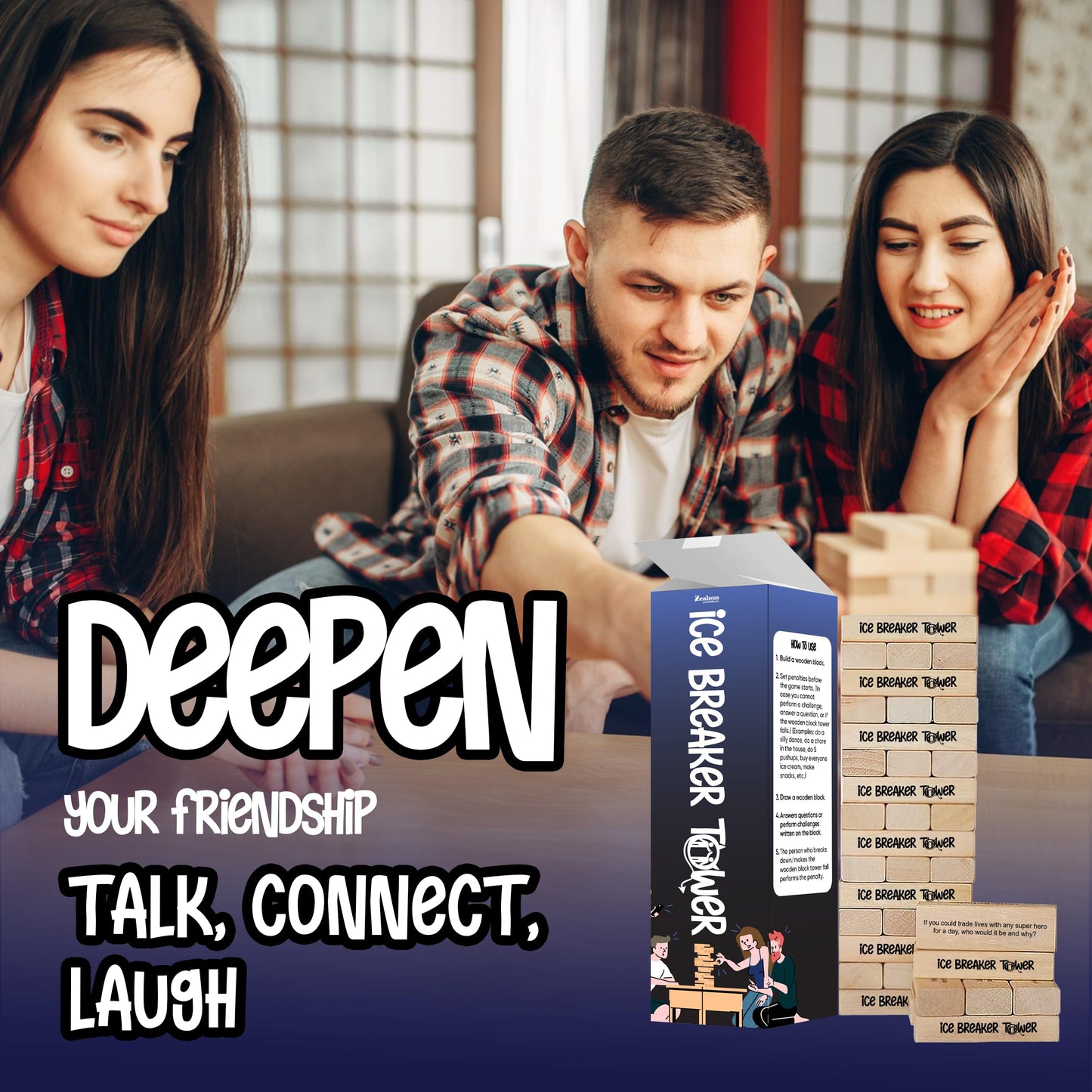 Ice Breaker Tower by Zealous Nutrition — Classic Hardwood Stacking Game (54 Prompts)