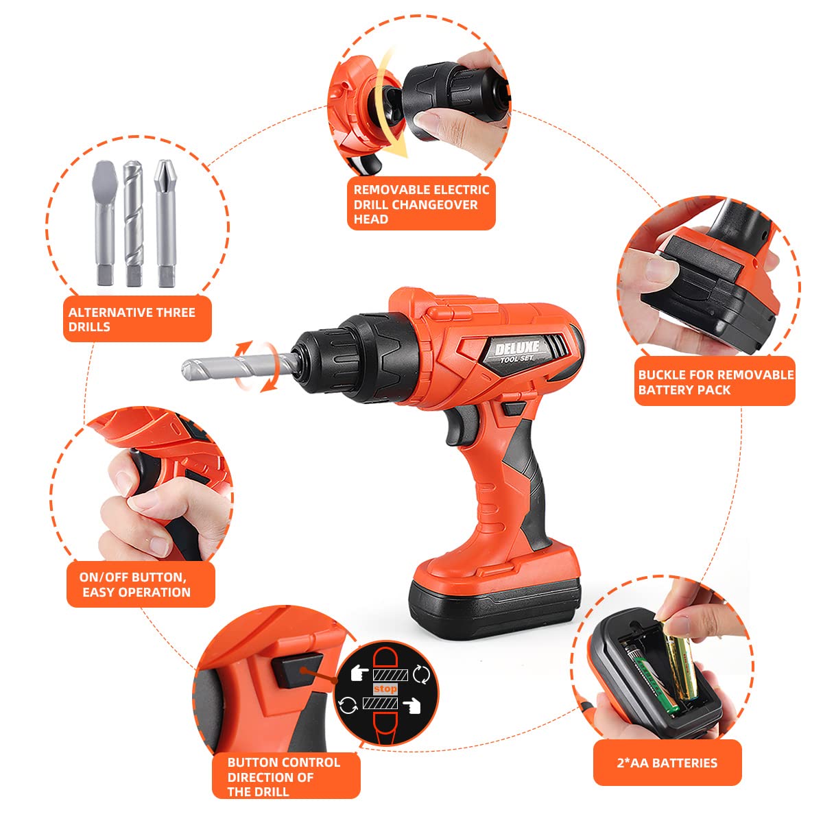 Zealous Toys Kids Tool Set - 48 pcs with Toolbox & Electric Drill (A-Orange)