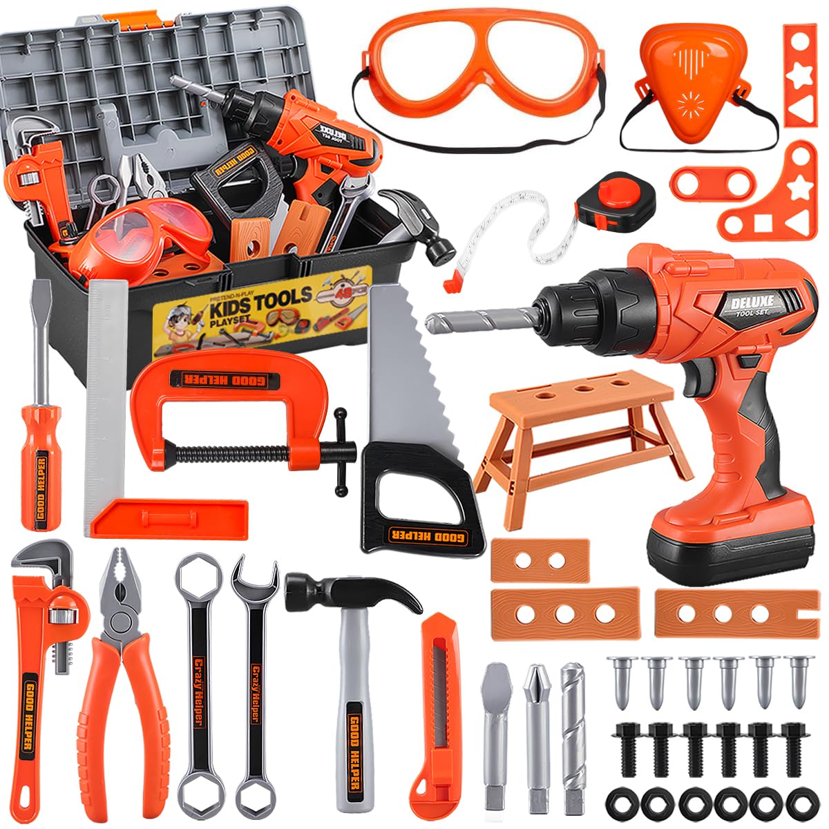 Zealous Toys Kids Tool Set - 48 pcs with Toolbox & Electric Drill (A-Orange)