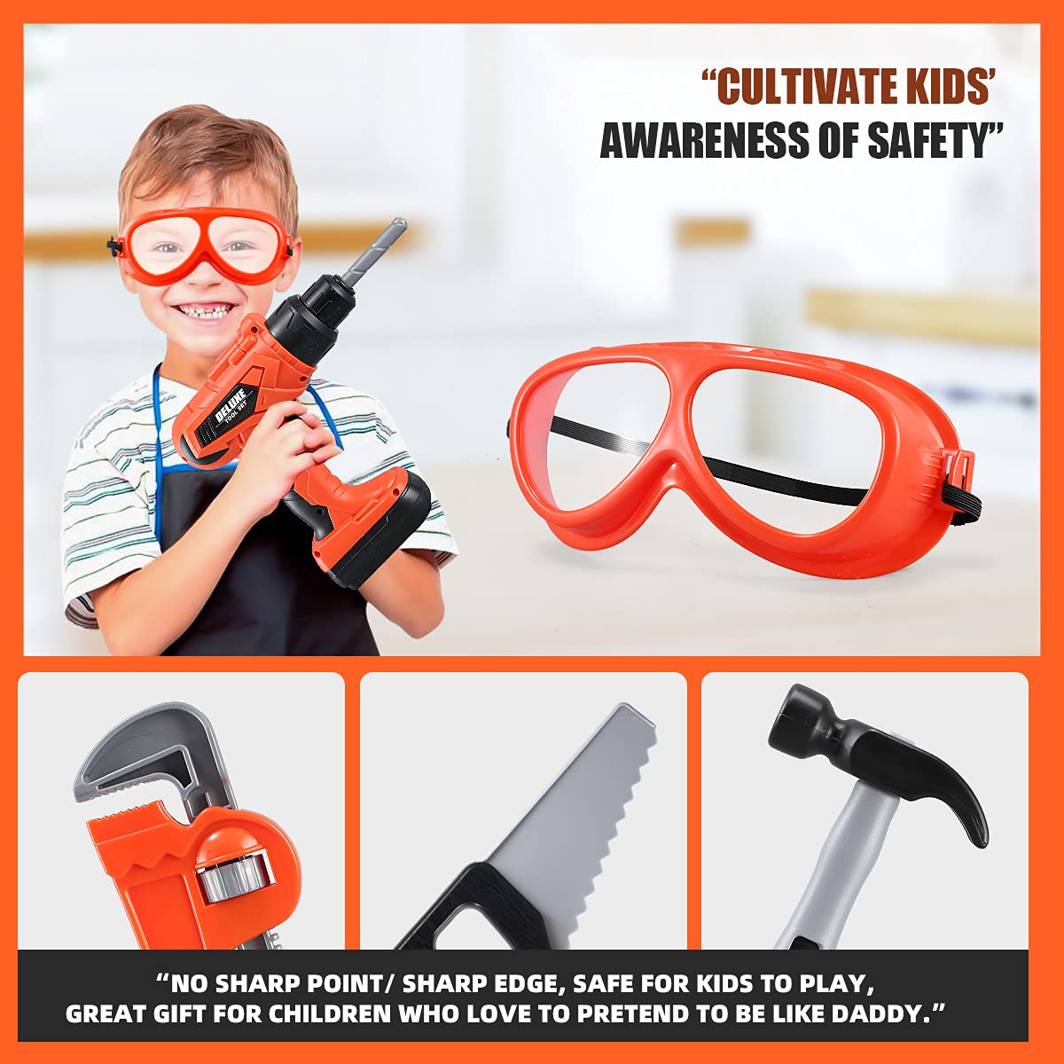 Zealous Toys Kids Tool Set - 48 pcs with Toolbox & Electric Drill (A-Orange)
