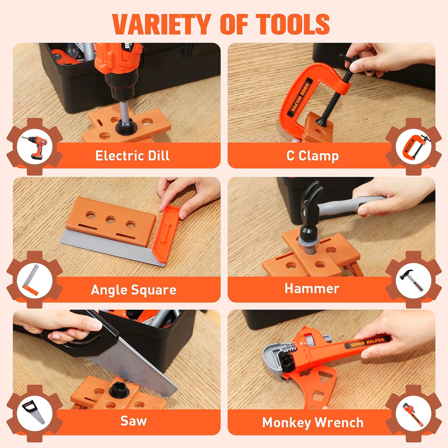 Zealous Toys Kids Tool Set - 48 pcs with Toolbox & Electric Drill (A-Orange)